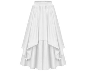 Women's Vintage A-Line Maxi Skirt with Asymmetrical High-Low Hem & Elastic High Waist - Medieval Costume Pleated Skirt for Renaissance Fairs, Cosplay & LARP Events White