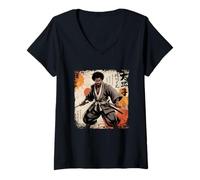 Womens Vintage African Samurai Afro American Bushido Warrior Katana V-Neck T-Shirt