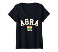 Womens Vintage Agra India Indian Flag Souvenir Retro Graphic V-Neck T-Shirt
