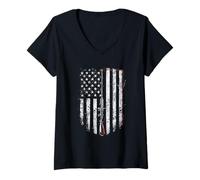 Womens Vintage American Flag Hunting Fishing Patriotic Outdoor Tee V-Neck T-Shirt