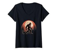 Womens Vintage and Retro Bigfoot Sunshine Bigfoots Rising Moon V-Neck T-Shirt