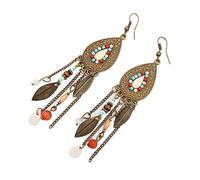 Women's Vintage Antique Bronze Bali Style Imitation Turquoise Long Feather Tassel Drop Dangle Earrings Attractive Design