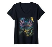 Women's Vintage Axolotl Cosmic Moon 90s Space Nature Art V-Neck T-Shirt