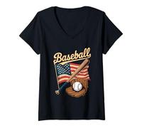 Womens Vintage Baseball American Flag Bat Glove Retro USA Design V-Neck T-Shirt