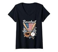 Womens Vintage Baseball American Flag Bat Glove Retro USA Design V-Neck T-Shirt