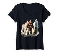 Womens Vintage Bigfoot 70s Retro Forest Sasquatch Hiking Camping V-Neck T-Shirt