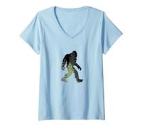 Womens Vintage Bigfoot Hunting Retro Grassman Camo V-Neck T-Shirt