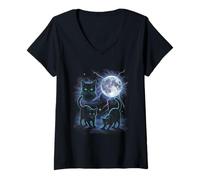 Women's Vintage Black Cat 90s Retro Aesthetic Moonlight Lightning V-Neck T-Shirt
