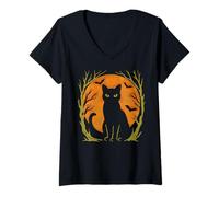 Womens Vintage Black Cat Silhouette with Bats and Full Orange Moon V-Neck T-Shirt
