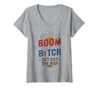 Womens Vintage Boom Bitch Get Out Way Fireworks Squad Flag 4th July V-Neck T-Shirt