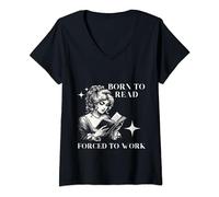 Womens Vintage Born To Read Forced To Work Retro 40s Women Bookish V-Neck T-Shirt