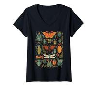 Women's Vintage Botanical Insect Pattern Art Nature Bug Lover V-Neck T-Shirt