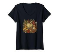 Women's Vintage Botanical Pumpkin Foraging Autumn Harvest V-Neck T-Shirt