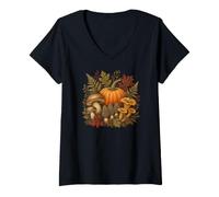 Women's Vintage Botanical Pumpkin Foraging Autumn Harvest V-Neck T-Shirt