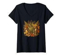 Women's Vintage Botanical Pumpkin Foraging Autumn Harvest V-Neck T-Shirt
