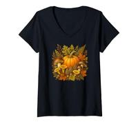 Women's Vintage Botanical Pumpkin Foraging Autumn Harvest V-Neck T-Shirt