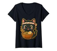 Womens Vintage Bowl Noodle Lover Feline Art Cute Cat Ramen V-Neck T-Shirt