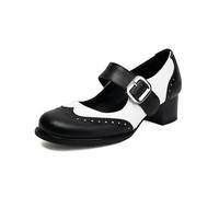 Women's Vintage Brogue Oxford Shoes British Style Round Toe Two-Tone Block Heel Ankle Strap Dress Shoes Retro Lace-Up Office Pumps (White,11)