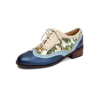 Women's Vintage Brogue Oxfords Ethnic Embroidery Round Toe Shoes with Lace-Up Closure Chunky Low Heel Casual Flats (8,Blue)