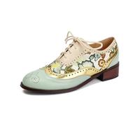 Women's Vintage Brogue Oxfords Ethnic Embroidery Round Toe Shoes with Lace-Up Closure Chunky Low Heel Casual Flats (5,Green)