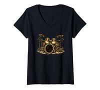 Women's Vintage Bronze Drum Set for Drummers & Musicians V-Neck T-Shirt