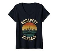 Women's Vintage Budapest Hungary Parliament Retro Sunset V-Neck T-Shirt
