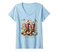 Women's Vintage Bunny Easter Eggs Boots Western Cowboy Howdy Easter V-Neck T-Shirt