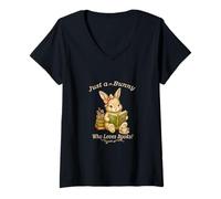 Women's Vintage Bunny Reading Book Lovers Animal Graphic Tee V-Neck T-Shirt