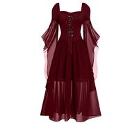 Womens Vintage Butterfly Sleeve Dresses, Ankle Halloween Mesh Dress, Gothic Tie Waisted Flowy Ball Gown Red