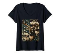 Womens Vintage Camo American Flag Deer Hunting for Hunter Dad V-Neck T-Shirt