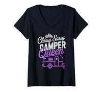 Women's Vintage Camper Queen RV Vibes Camping Trailer Autograph V-Neck T-Shirt