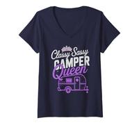 Women's Vintage Camper Queen Sassy RV Vibes Camping Parking V-Neck T-Shirt