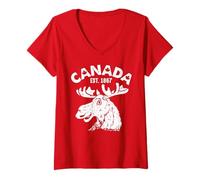 Womens Vintage Canada Flag Moose - Cool Red Maple Leaf V-Neck T-Shirt