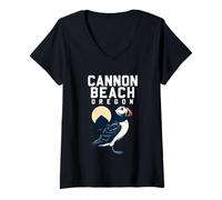 Women's Vintage Cannon Beach Oregon Puffin Illustration V-Neck T-Shirt