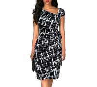Women's Vintage Cap Sleeves Asymmetrical Neckline Sheath Bodycon Casual Work Cocktail Party Pencil Faux Wrap Dresses, Black White Geometric, XL