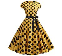 Women's Vintage Cap-Sleeves Dress Polka Dots Prom Swing Cocktail Party Dress Elegant Print Casual Knee-Length Dress, Yellow, Medium