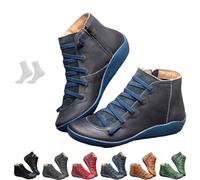 Women's Vintage Casual Short Ankle Boots, 2025 New Comfortable Lightweight Round Head Slip on Lace Up Side Zipper Retro Flat Booties(Blue,3.5 UK)