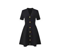 Women's Vintage Casual V-Neck Short Sleeve Single-Breasted Solid Color Knits A-Line Mini Dress Black S