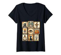 Womens Vintage Cat Pumpkin Halloween Postage Stamp Grid V-Neck T-Shirt