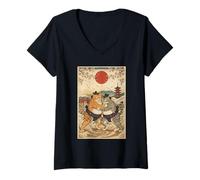 Women's Vintage Cat Sumo Wrestling Japanese Art Ukiyo-e Graphic V-Neck T-Shirt