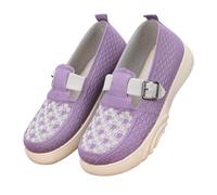Women's Vintage Check Pattern Walking Shoes - Adjustable Buckle Mesh Sneakers for Comfortable Daily Walk Purple