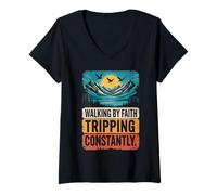 Womens Vintage Christian Bible Walking By Faith Tripping Constantly V-Neck T-Shirt