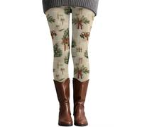 Women's Vintage Christmas Leggings, Beige Retro Tree & Bow Print, Stretchy Festive Yoga Pants, Christmas Outfit & Holiday Party Costume (Grey, S)