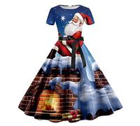 Women's Vintage Christmas Party Dress 1950s Style Swing Dress with Belt, Short Sleeve Elegant A Line Red Gothic Cocktail Dress for Evening Holiday Party Costumes (a-Blue,XL)