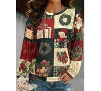 Women's Vintage Christmas Patchwork Print Crew Neck Long Sleeve Sweatshirt | Retro Christmas patchwork graphic, classic crew-neck cut, loose fit for holiday casual looks.