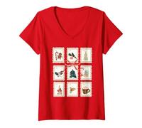 Womens Vintage Christmas Postage Stamps Santa Snowman Elf V-Neck T-Shirt