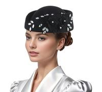 Womens Vintage Church Hats Crystal Flower Applique Felt Pillbox Hats Fascinator Tea Party Hats (Black, ONE Size)