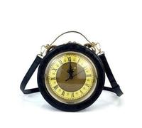 Womens Vintage Clock-Looking PU Leather Round Zip Lightweight Handbag Shoulder Crossbody Bag -BLACK