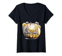Womens Vintage Colorful Thanksgiving Pumpkin V-Neck T-Shirt