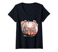 Womens Vintage Colorful Thanksgiving Pumpkin V-Neck T-Shirt